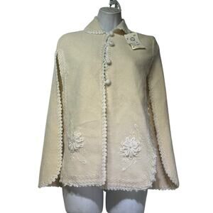 Del Sol Inti Peru Wool Embroidered Cape Coat Women’s OS Cream White Button Front
